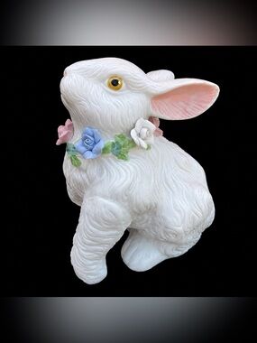 Bunny Rabbit Home Decor Figurine White Ceramic with Floral Necklace